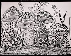 a black and white drawing of some mushrooms