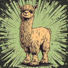 an illustration of a llama with sunbursts in the background and grunge