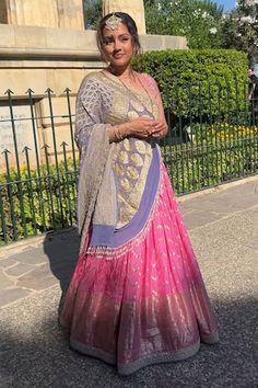 Pink lehenga featuring chevron pattern all over with ruched detailing. Paired with a zardozi detailed blouse and a bandhani dupatta. - Aza Fashions Transitional Season Gota Work Lehenga, Cape Lehenga, Kurta Lehenga, Bandhani Dupatta, Lehenga Pattern, Mira Rajput, Rhea Kapoor, Sanya Malhotra, Lehenga Skirt