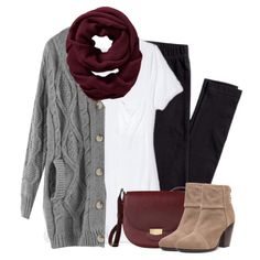 Gray cardigan, burgundy scarf with leggings Outfit With Boots, Burgundy Scarf, Legging Outfits, Grey Cardigan, Looks Style, Fall Winter Outfits, Outfits Casuales, Look Fashion