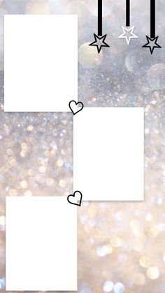 three square frames with hearts and stars on them, in front of a glitter background