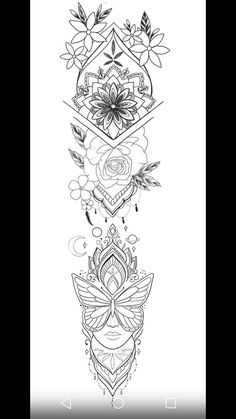 the back side of a tattoo design with flowers and leaves on it, in black and white