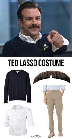 a man in white shirt and tan pants pointing at the camera with text that reads, ted lass costume