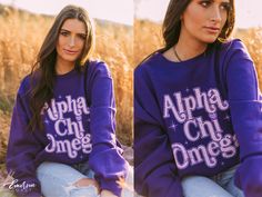 "Looking for a trendy sorority tshirt that'll last? 🫶🏻 This Sparkly Purple Crewneck is the answer! Whether you're giving this tee as a gift or treating yourself with something new, you'll be obsessed with this sorority t-shirt! 🌊 YOU'LL LOVE THIS STYLE 🌊 Meet the Sparkly Purple Crewneck - the comfiest sweatshirt you can find! This purple sweatshirt is the perfect basic for any sorority girl ... especially with its oversized fit. Look cute while staying cozy in this super soft classic sweatsh Sorority Style Letter Print Tops For Fall, Sorority Letter Print Tops For Fall, Sorority Names, Purple Crewneck, Purple Color Schemes, Sorority Shirt, Sorority Events, Sorority Tshirts, Purple Sweatshirt