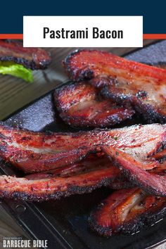 some bacon is on a plate with lettuce in the background and text overlay that reads, pastami bacon