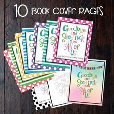 10 book cover pages with colorful polka dots and the words goodbye, goodbye, goodbye