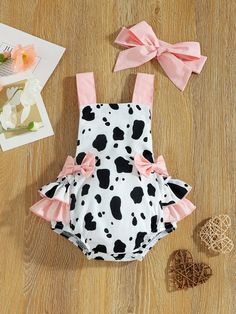 Black and White Cute  Sleeveless Polyester Animal Overall Embellished Non-Stretch Summer Baby Clothing Newborn Coming Home Outfit, Cow Birthday, Personalized Baby Girl, 1st Birthday Outfits, Baby Cows, First Birthday Outfits, Cute Rompers