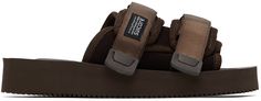 Padded suede slip-on sandals in brown. · Twin adjustable Velcro straps and textile logo patch at vamp · Textured Vibram® rubber footbed · Tonal mesh lining · Foam rubber midsole · Treaded Vibram® rubber outsole Supplier color: Brown | Suicoke Brown MOTO-VS Sandals Brown Rubber Sole Slip-on Sport Sandals, Brown Outdoor Sandals With Buckle Closure, Brown Synthetic Slip-on Sandals, Brown T-strap Sandals With Rubber Sole For Beach, Brown Synthetic T-strap Sandals With Removable Insole, Textile Logo, Brown Flats, Brown Sandals, Velcro Straps