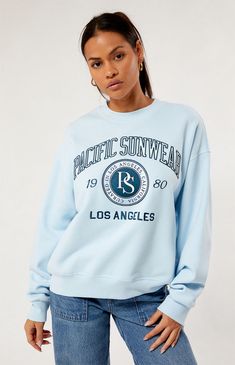 Upgrade your comfort with the Pacific Sunwear Curated Crew Neck Sweatshirt from PacSun. This classic piece offers a cozy feel with a touch of PaSun cool. This crew neck is complete with Pacific Sunwear embroidery on the front and a comfortable oversized fit.   	Solid color sweatshirt 	Crew neckline 	PacSun embroidery 	Long sleeves 	Ribbed trimming 	Dropped shoulders 	Oversized fit 	60% cotton, 40% polyester 	Machine washable 	Model is wearing a size small Womens Crew Neck Sweatshirt, Sweatshirt Outfits, Pacific Sunwear, Color Sweatshirt, Crewneck Sweatshirt Women, Sweatshirt Outfit, The Pacific, Sweatshirt Designs, Women's Tops