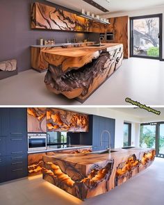 this kitchen is made out of wood and has an unusual counter top that looks like a waterfall