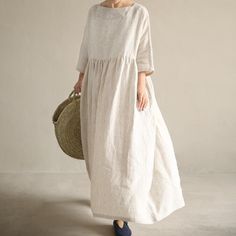 a women dress make with washed soft linen fabric. Square neck line.high waist ,drop shoulder,comfy and grace. we design it with a casual loose style. this linen women dresses also could be made with other colors. I just need you to stay here with me in the dark night to heal me in a time when i down even just your voice if it's you then all okay I just need you to hug me with your deep voice around my ears I NEED YOU  for other women coat  https://www.etsy.com/shop/liferollpaint?section_id=16669 Village Clothes, January Dress, Linen Dress Pattern, Drop Shoulder Dress, Corak Menjahit, Modest Apparel, 여름 스타일, White Linen Dresses, Linen Fashion