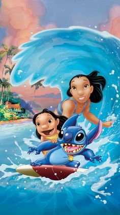 disney's pooh and stitch are riding on a surfboard in the ocean