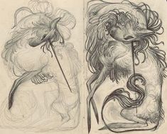 two drawings of animals with long hair and tails, one in the process of being drawn