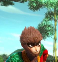 an animated monkey is standing in front of some trees