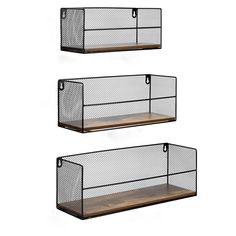 three metal and wood shelfs with hooks on each side, one holding two shelves