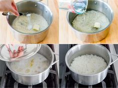 three pictures showing how to cook rice in a pot