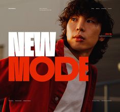 a young man in a red jacket with the words new mode on his chest and head