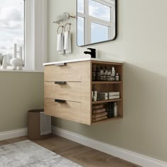 a bathroom with a sink, mirror and wooden cabinet in it's corner next to a window