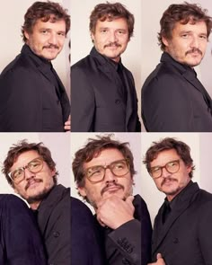 multiple shots of a man with glasses and mustaches posing for the camera, from front to back