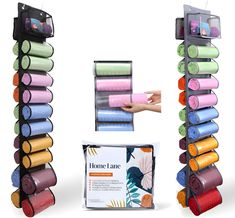 several different colored rolls of fabric in front of a sign that says home lane on it