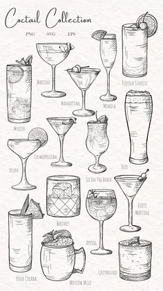 an old fashioned cocktail menu with different types of glasses and drinks on it's side