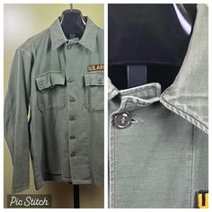 Vintage 1960's Vietnam era OG-107 Distressed Military shirt. US Amy. Green Olive Sateen in color. Size Medium. Flap pockets, long sleeved. Missing a button on the right pocket. Has US Army patch above left pocket. Measures 46" chest, 29" length & 24" sleeve. Retro Long Sleeve Top With Pockets, Vintage Tops With Patch Pockets For Fall, Vintage Fall Tops With Pockets, Vintage Tops With Pockets For Fall, Vintage Long Sleeve Tops With Pockets, Retro Green Top With Pockets, Vintage Green Tops With Pockets, Green Vintage Tops With Pockets, Vintage Long Sleeve Top With Patch Pockets