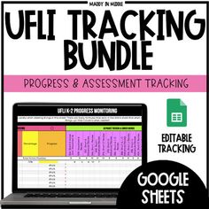 a laptop computer sitting on top of a desk next to a google sheets with the title'ultimate offi tracking bundle '