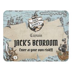 an old pirate themed label with the words, captain jack's bedroom and other items