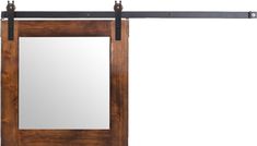 the sliding door is made from wood and has metal bars on each side, along with mirror