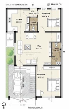 the floor plan for a small house with two bedroom and living room, including an attached garage