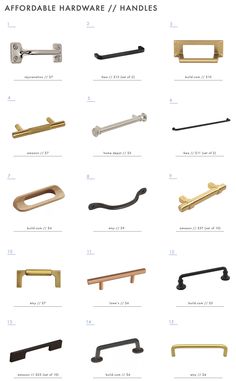 an image of hardware hardware handles and handles in various styles, sizes and colors on a white background