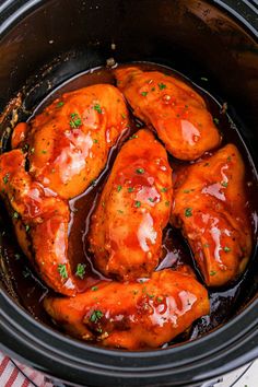 the chicken is cooked and ready to be eaten in the crock pot for dinner