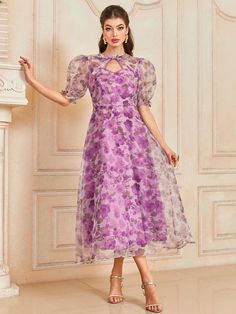 Purple Elegant Collar Short Sleeve Woven Fabric Floral,All Over Print A Line Embellished Non-Stretch  Women Clothing Organza Dress Indian, Short Frocks For Women, Elegant Skirt Outfits, Organza Frocks, Organza Dresses, Party Dress Classy