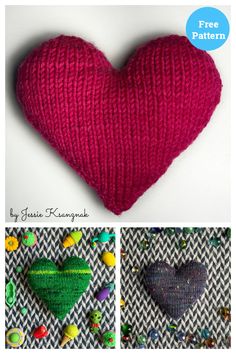 a knitted heart is shown in three different pictures, one with buttons and the other has