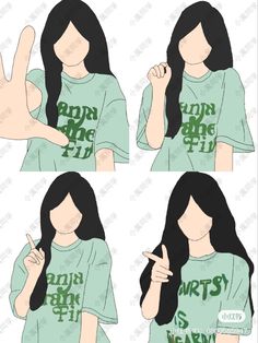 four images of a woman with long black hair wearing a green shirt and making the peace sign