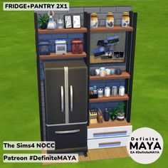 the sims 4 nocc refrigerator is in front of some shelves