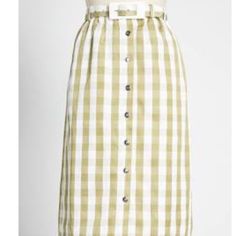 Modcloth Past But Not Least Belted Skirt Retro Green Gingham High Waisted W Belt Vintage Look Green-And-White Midi Skirt The Gingham Pattern Adorned Across This Woven Separate Feels Both Timeless And Retro-Chic! With A High-Waisted Fit, Button-Front Closures, And Matching Belt.Shell: 50% Polyester, 50% Rayon. Lining: 100% Rayon. Hand Wash.Fully Lined With A Front Button Closure... No Stretch In This Skirt. Size 10... Still In Stores For $69 Vintage Style Swimwear, Belted Skirt, Casual Dresses Plus Size, Green Checkered, White Midi Skirt, Midi Dress Plus Size, White Striped Skirt, Green Gingham, Tunic Hoodie