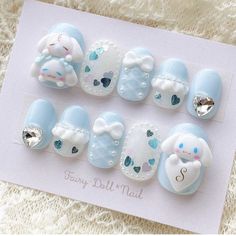 Cinnaroll Nails, Cinnamoroll Nails Short, Cinamoroll Nail, Cinnamon Roll Sanrio Nails, Cinnamoroll Nail Art, Cinnamon Roll Nails, Blue White Nails, Cinnamoroll Nails, Sanrio Nail Art