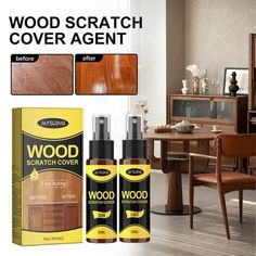 wood scratch cover agent and stain remover in front of a dining room table with chairs