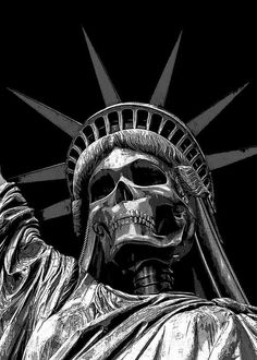 the statue of liberty in black and white with a skull on it's head