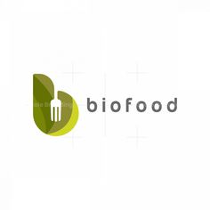 the logo for biofood is designed with green leaves and a fork on it