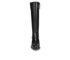 Inspired equestrian style. Saddle up to these exquisite knee high, wide-calf boots with classic detailing. Synthetic leather or synthetic leather/fabric upper partially made from recycled materials. Side zipper closure. Almond toe. Buckle detail at heel. 15.94 inch shaft height, 16.14 inch circumference. Note: Measurements based on size 6 boot. For each half size up from a 6, shaft height increases by . 12 inch, circumference by . 20 inch. 1 inch heel. PU (Faux Leather) upper, Full length instep Fall Riding Knee-high Boots, Elegant Wide Calf Knee-high Riding Boots, Elegant Wide Calf Knee-high Boots For Riding, Fitted Knee-high Riding Boots, Elegant Fitted Riding Knee-high Boots, Womens Boots Knee High, Wide Calf Knee High Boots, Womens Riding Boots, Wide Calf Boots