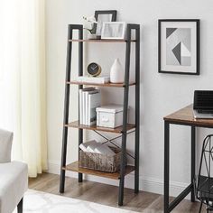 a room with a desk, chair and bookshelf