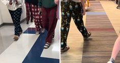 three different pictures of people walking down the hall and on the floor, one is wearing pajamas