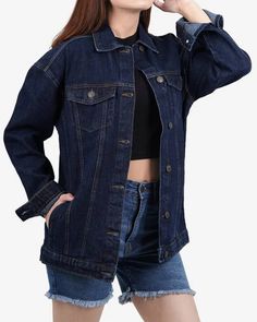 Womens Dark Blue Oversized Denim Jacket Oversized Medium Wash Denim Jacket, Oversized Denim Utility Jacket With Pockets, Oversized Dark Wash Denim Top, Oversized Medium Wash Utility Jacket With Long Sleeves, Oversized Medium Wash Long Sleeve Utility Jacket, Oversized Denim Blue Utility Jacket With Pockets, Oversized Denim Blue Utility Jacket For Fall, Oversized Medium Wash Denim Top For Fall, Casual Oversized Medium Wash Utility Jacket