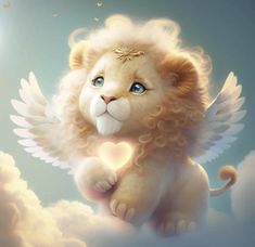 a lion with angel wings sitting on top of a cloud