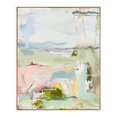 an abstract painting with green, pink and blue colors on the bottom half of it