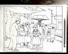 a black and white drawing of people standing under an umbrella