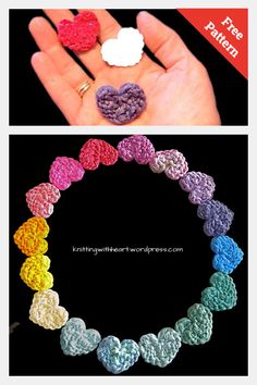 crocheted hearts are shown in two different colors and the words free pattern below it