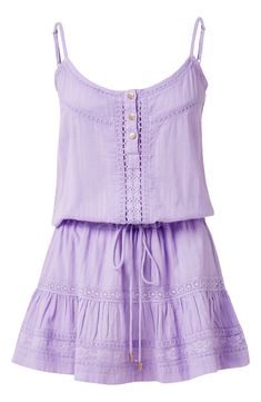 A combination of ladder-stitch detailing and tonal embroidery lend depth and texture to this breezy cover-up minidress made of cotton. 26" length Button half-placket Scoop neck Adjustable straps Unlined 100% cotton Hand wash, line dry Imported Vacation Dresses Short, Summer Chill Fits, Cute Purple Clothes, Purple Gameday Outfit, Cute Preppy Dresses, Lsu Gameday Outfit, Spain Wardrobe, Tcu Gameday, Dresses For School